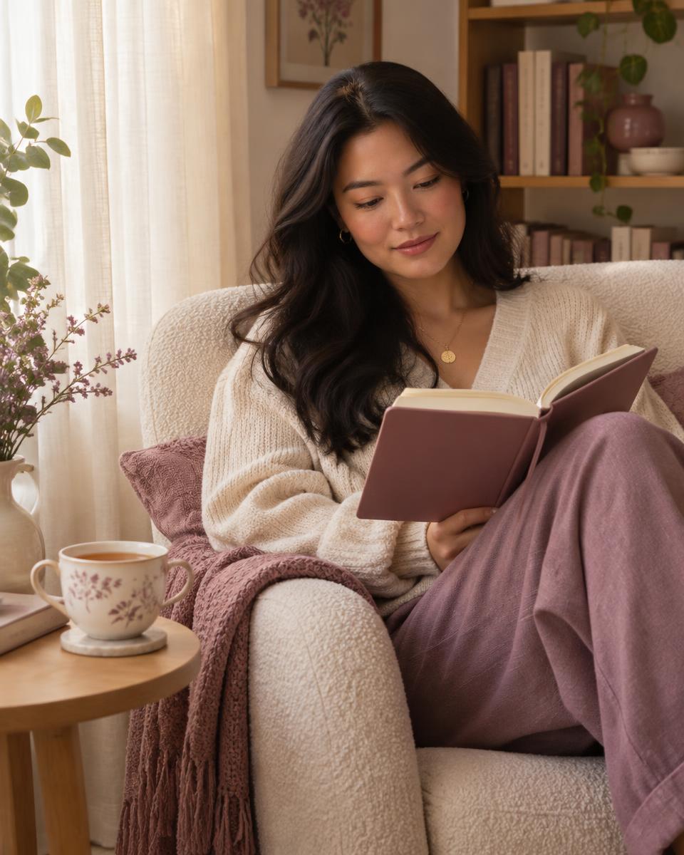 Mulher lendo um livro em uma poltrona, com uma xícara de chá ao lado