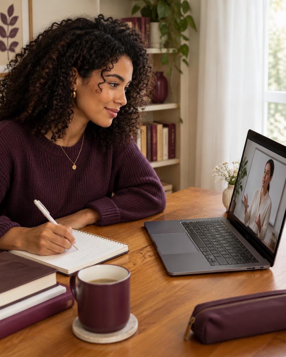 Mulher assistindo a uma aula no notebook e fazendo anotações