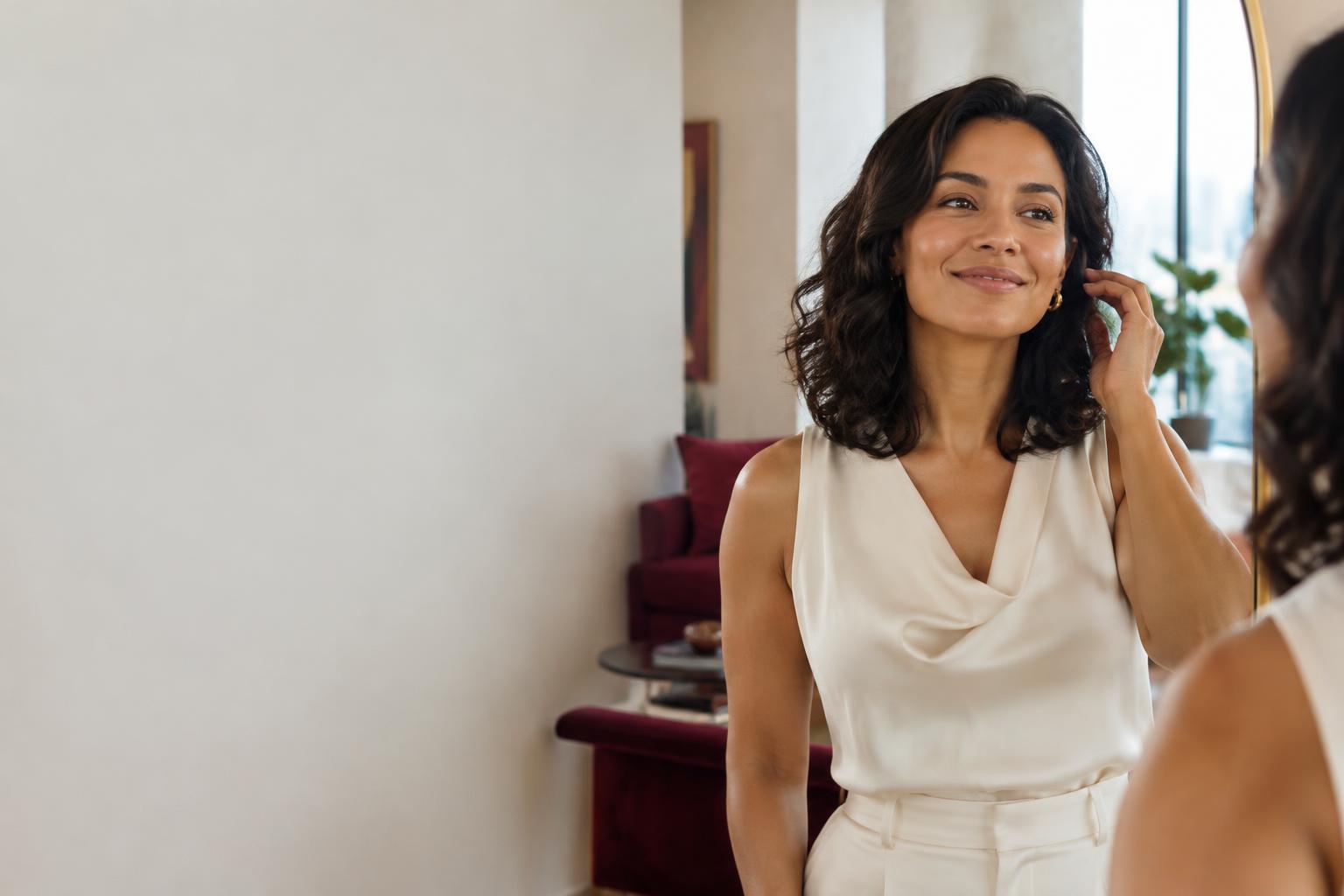 Mulher brasileira sorrindo diante do espelho em sua casa